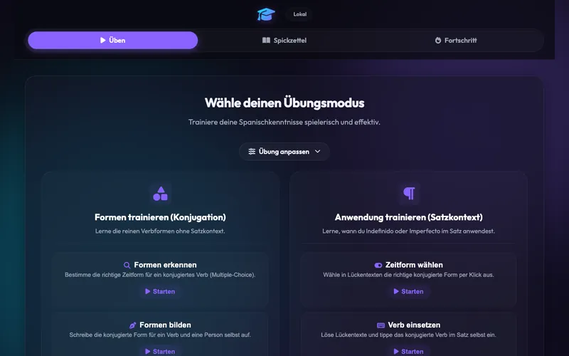 Screenshot des Spanisch-Vergangenheitstrainers mit Übungsmodi