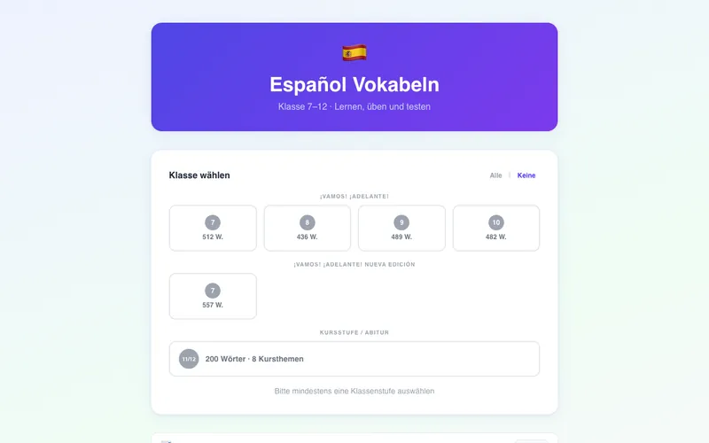 Screenshot des Spanisch-Vokabeltrainers mit Auswahl der Klassenstufe
